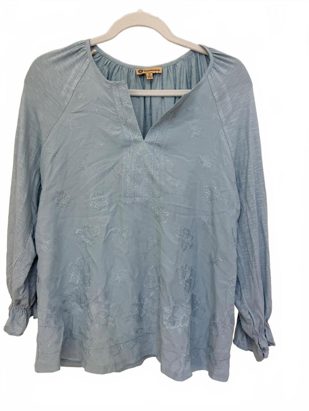 Democracy Boho Cottagecore Embroidered Peasant Blouse Blue Floral Slub Top M